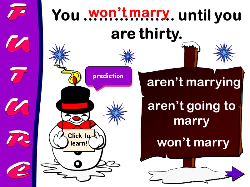 FUTURE You ……………… until you are thirty.  won’t marry aren’t going to marry